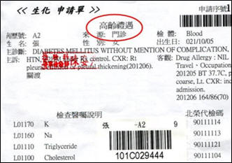 禮遇高齡病人抽血優先通關：檢驗單上標示「高齡禮遇」，給予快速通關優先禮遇服務
